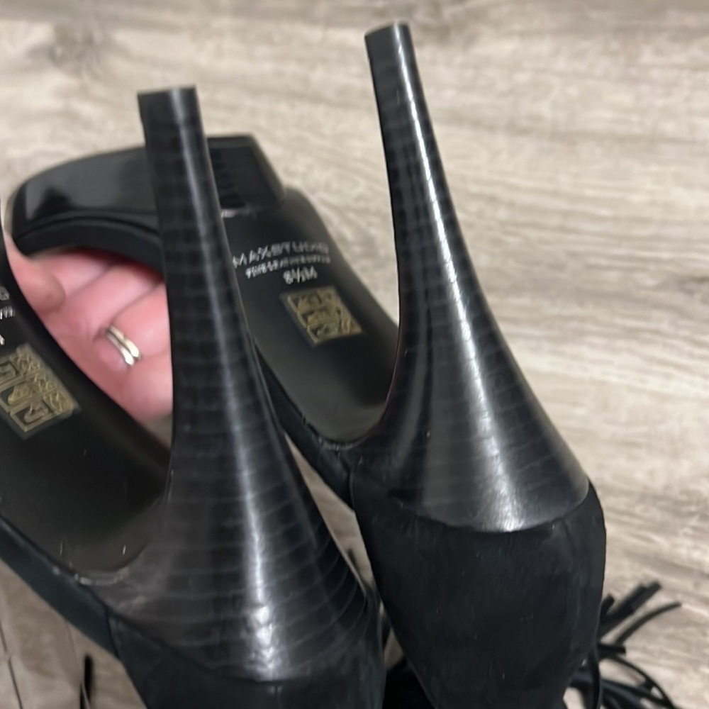 Max Studio Leather Forest Black Fringed Party Sandal Boho Platform Western Heel - Picture 8 of 10